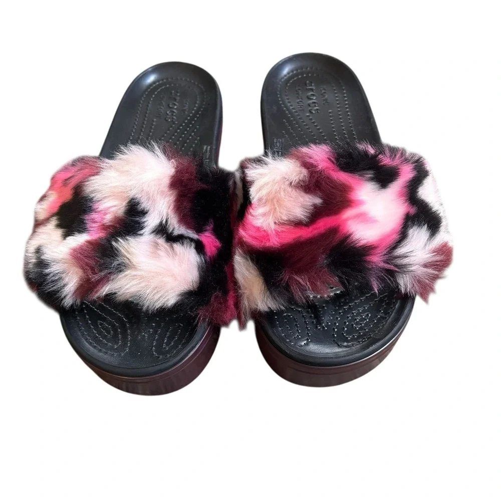 Crocs‎ CB Pink Black Fuzzy Platform So Luxe Slide sandal Summer Women's size 9